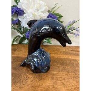Vintage Blue Mountain Pottery Dolphin Figurine Canadian Art Blue Drip Glaze‎